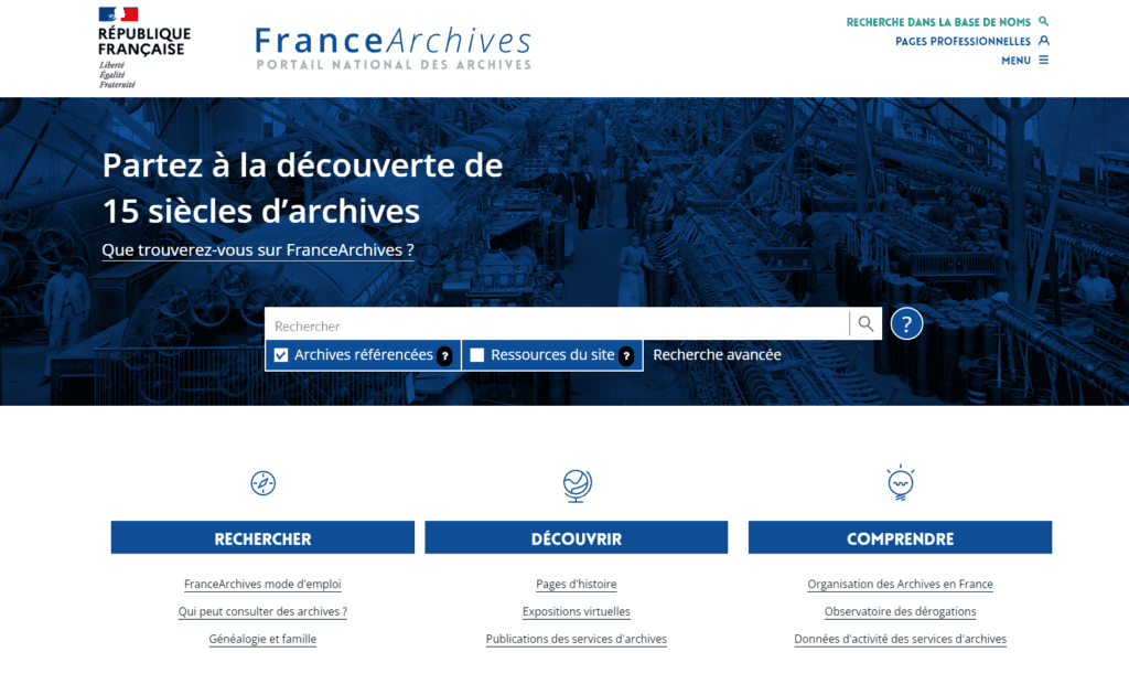 Page d'accueil du site web de France Archives