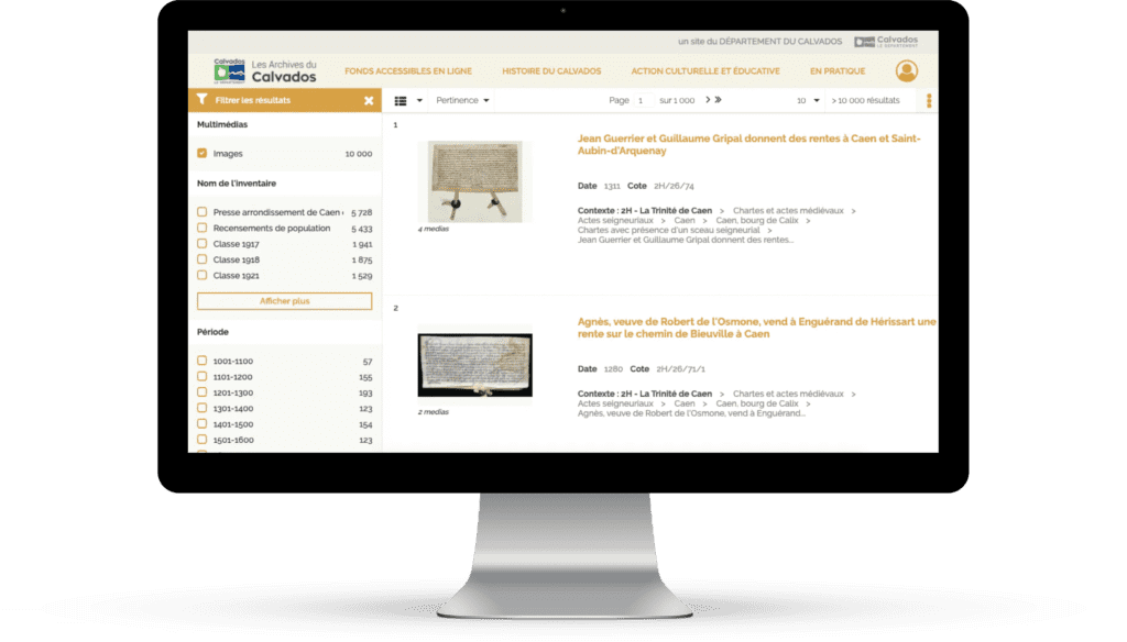 Capture écran de résultats de recherche sur le site des AD du Calvados