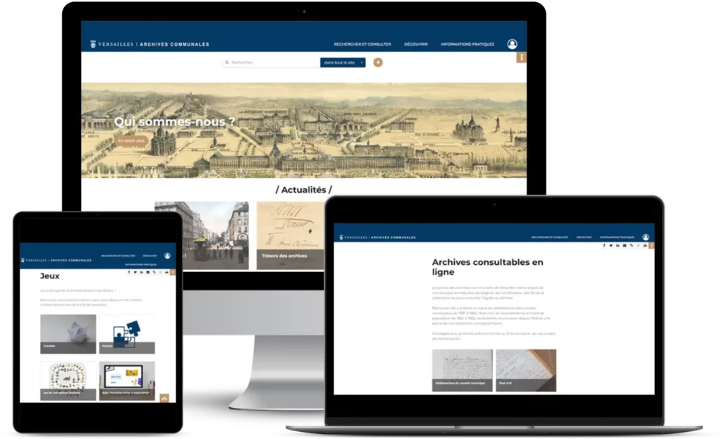 Captures écran de différentes pages du site des AM de Versailles sur différents terminaux