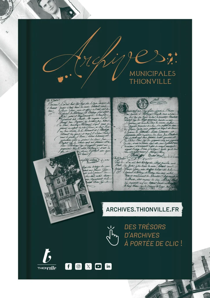 Visuel d'illustration de l'article sur la mise en ligne du portail des Archives de Thionville. Slogan : des trésors d'archives à portée de clic !