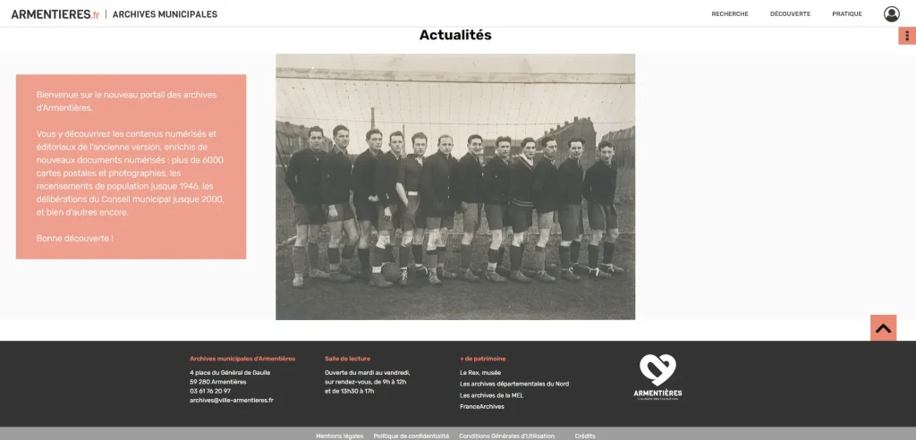 Capture écran des actualités sur la page d'accueil d'Armentières, aux couleurs de la nouvelle charte graphique