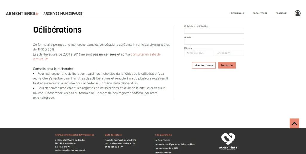Capture écran de la recherche dans les registres de délibération