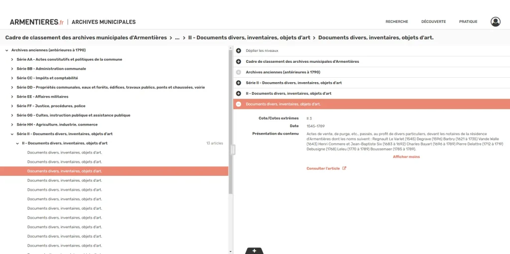 Capture écran de la recherche par le cadre de classement