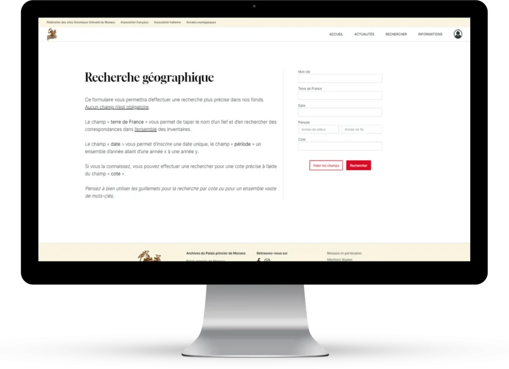 Copie écran de la page de recherche géographique du site internet des Archives du Palais princier de Monaco sites historiques Grimaldi