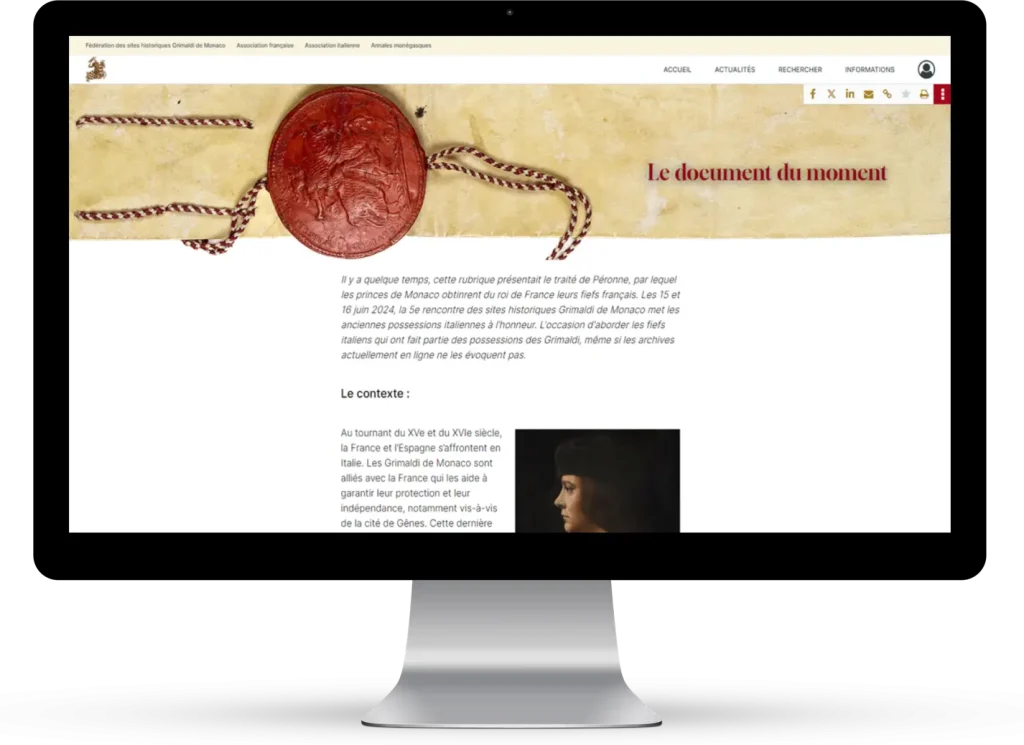 Copie écran de la page "document du moment" du site internet des Archives du Palais princier de Monaco sites historiques Grimaldi