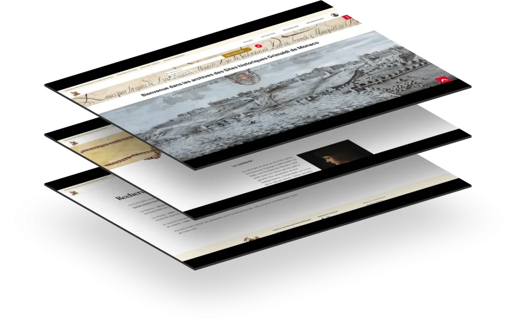 Plusieurs pages superposées de captures d'écran du site des Archives Grimaldi