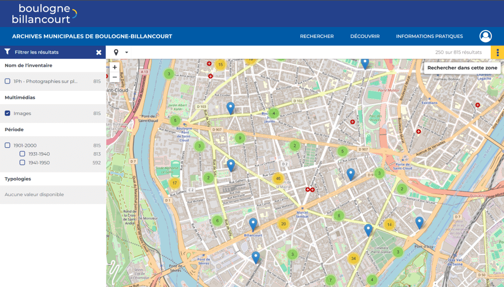 Capture écran de la recherche en mode cartographique