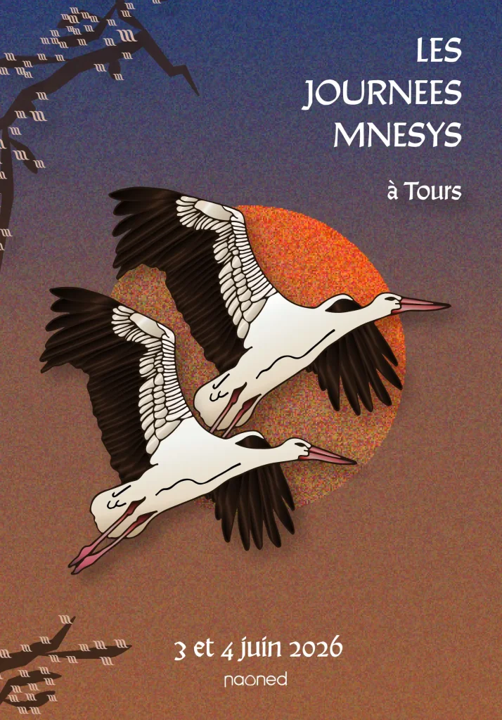 Affiche des Journées Mnesys 2026. 2 cigognes s'envolent sur un coucher de soleil. On voit des branches d'arbre dont les feuilles sont le M du logo de Mnesys Memo